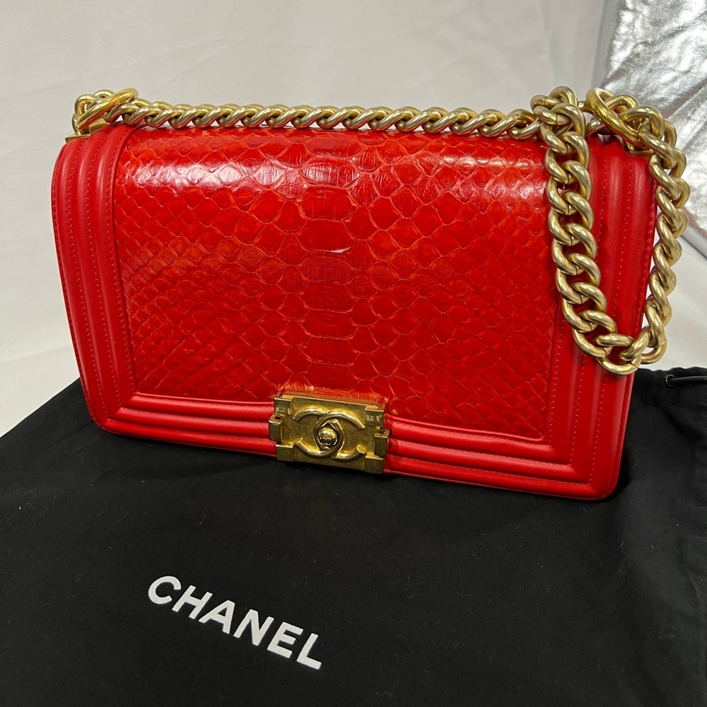 Chanel Red Python And Leather Medium Boy Flap Bag - image 1